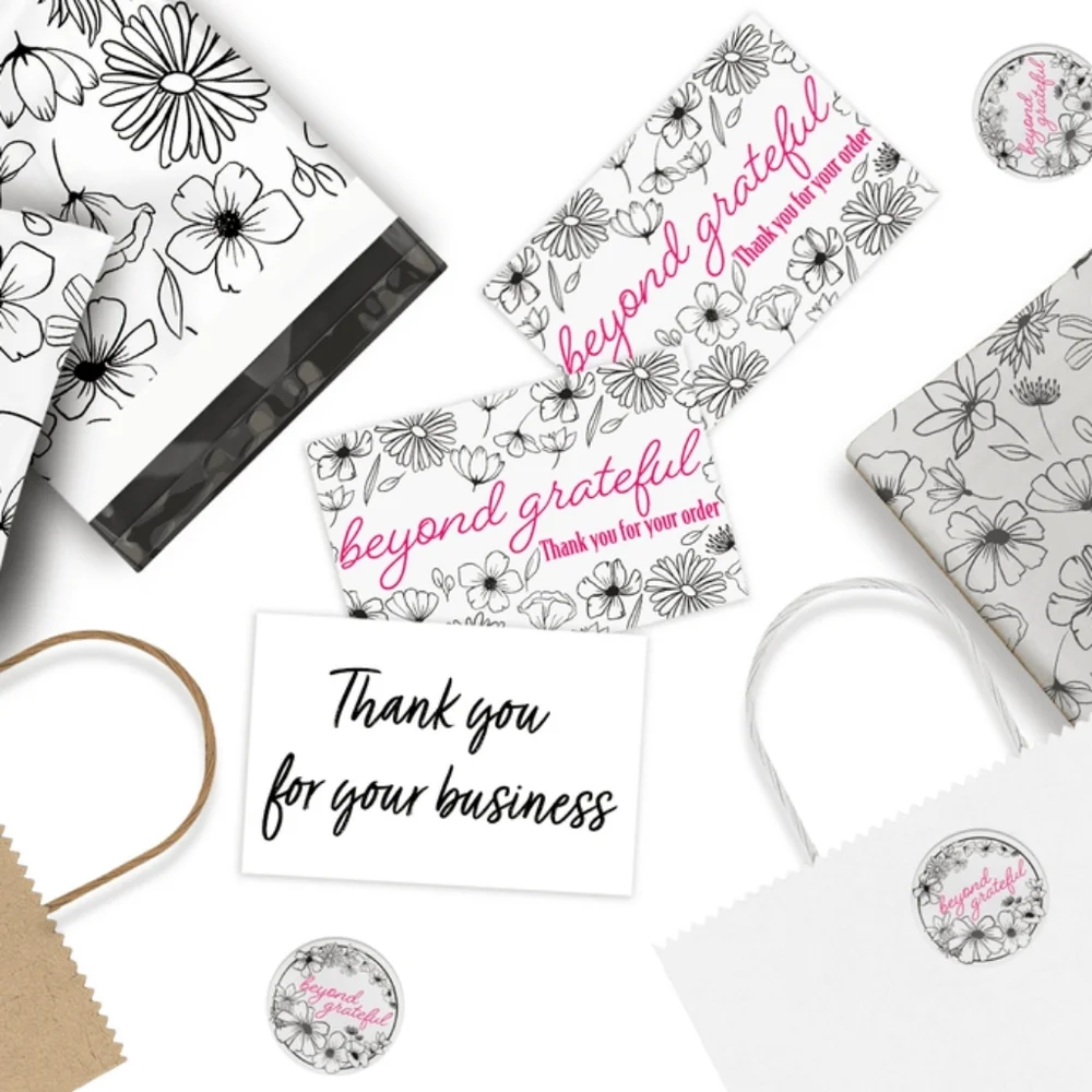50 Pack Thank you Cards Black and White Floral Insert Cards 4x6 & Stickers